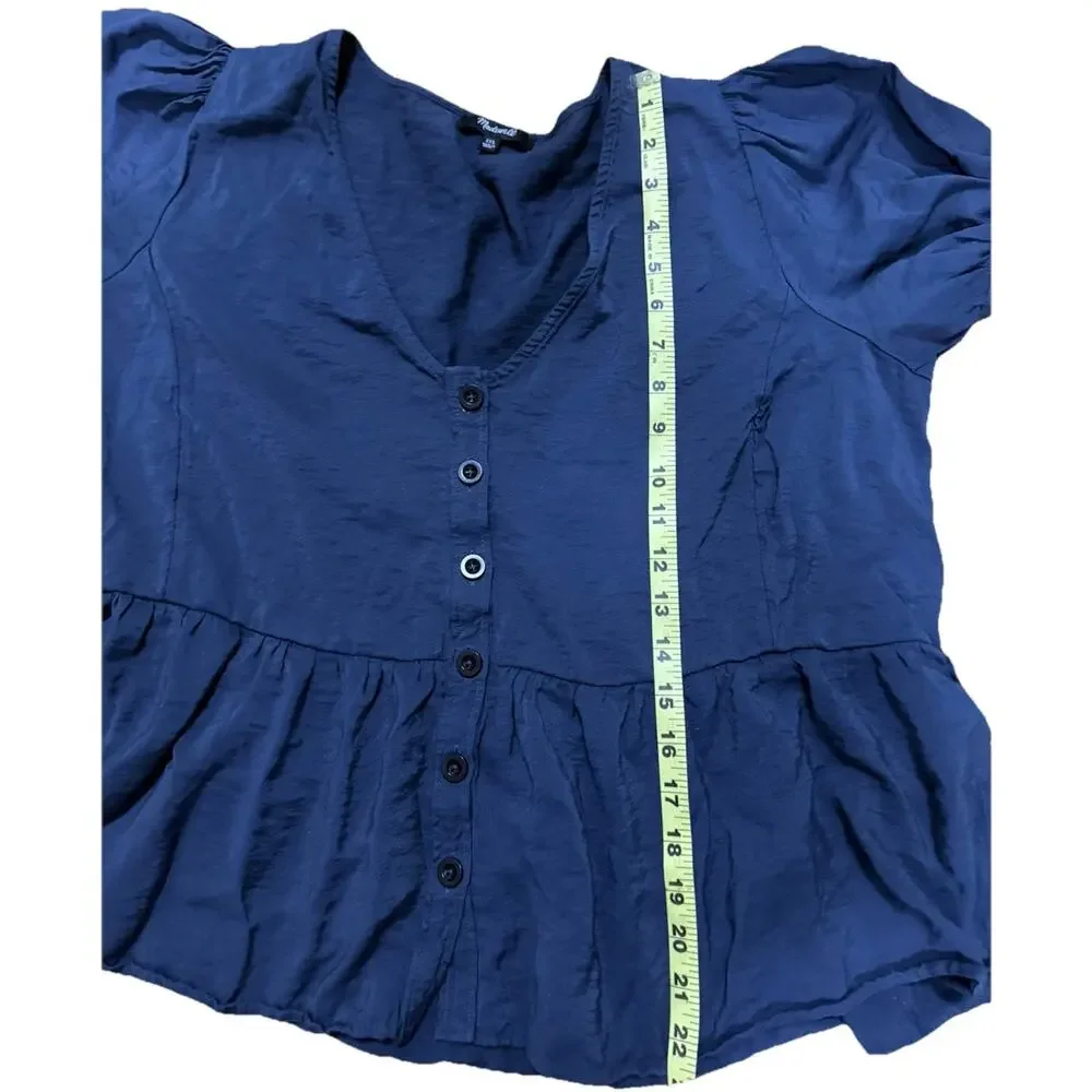 MADEWELL Woman’s Navy Blue Drapeweave Puff Sleeve Blouse Button Down Size XXL